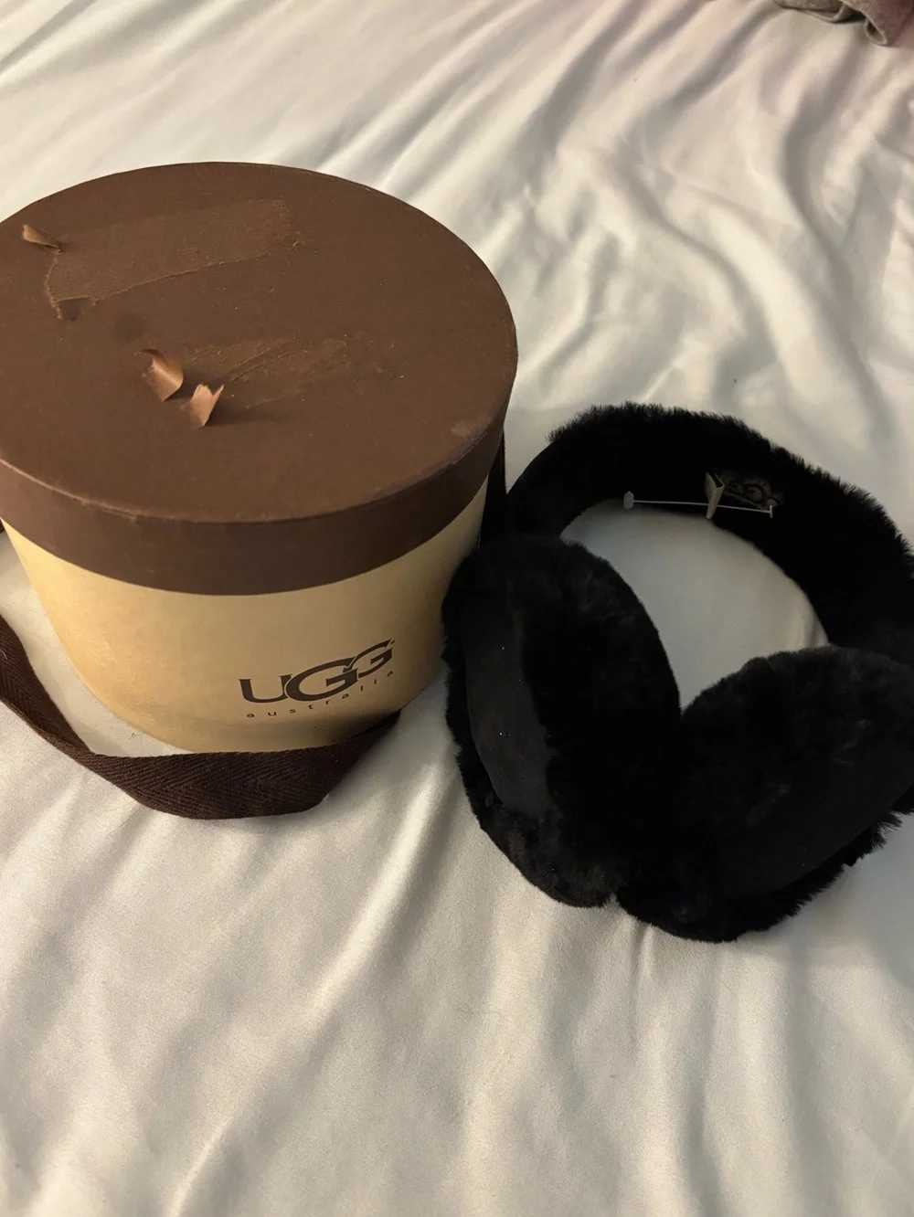 Ugg Australian Ear Muffs Black Shearling Sheepskin and Suede